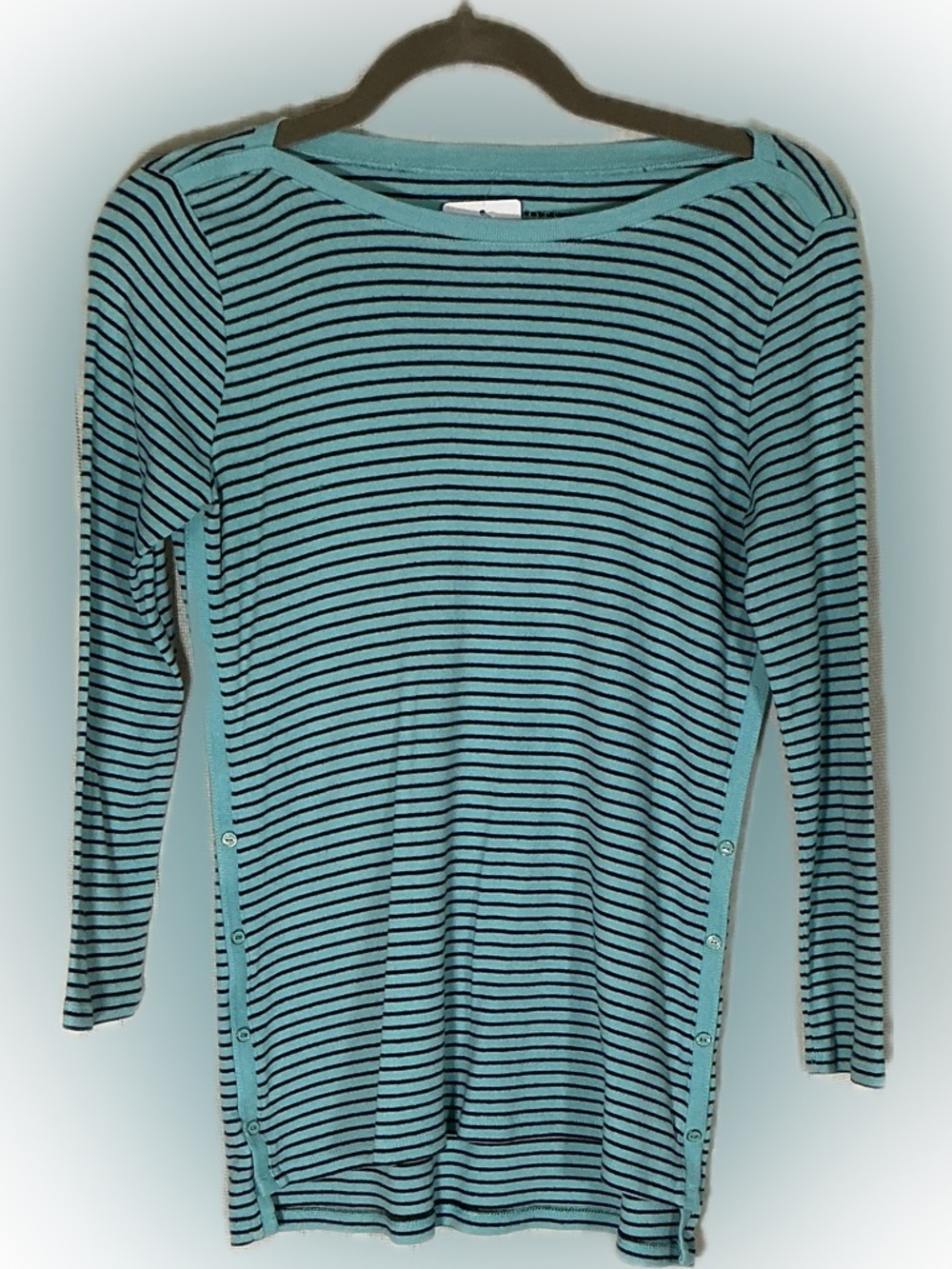 Talbots Teal Black Striped Long Sleeve Scoop Neck Knit Top XS